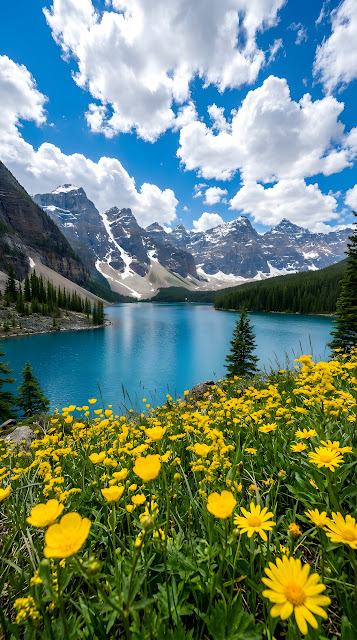 Lakeside View with Yellow Wildflowers, Deep Blue Water and Mountains - Free mobile Wallpaper