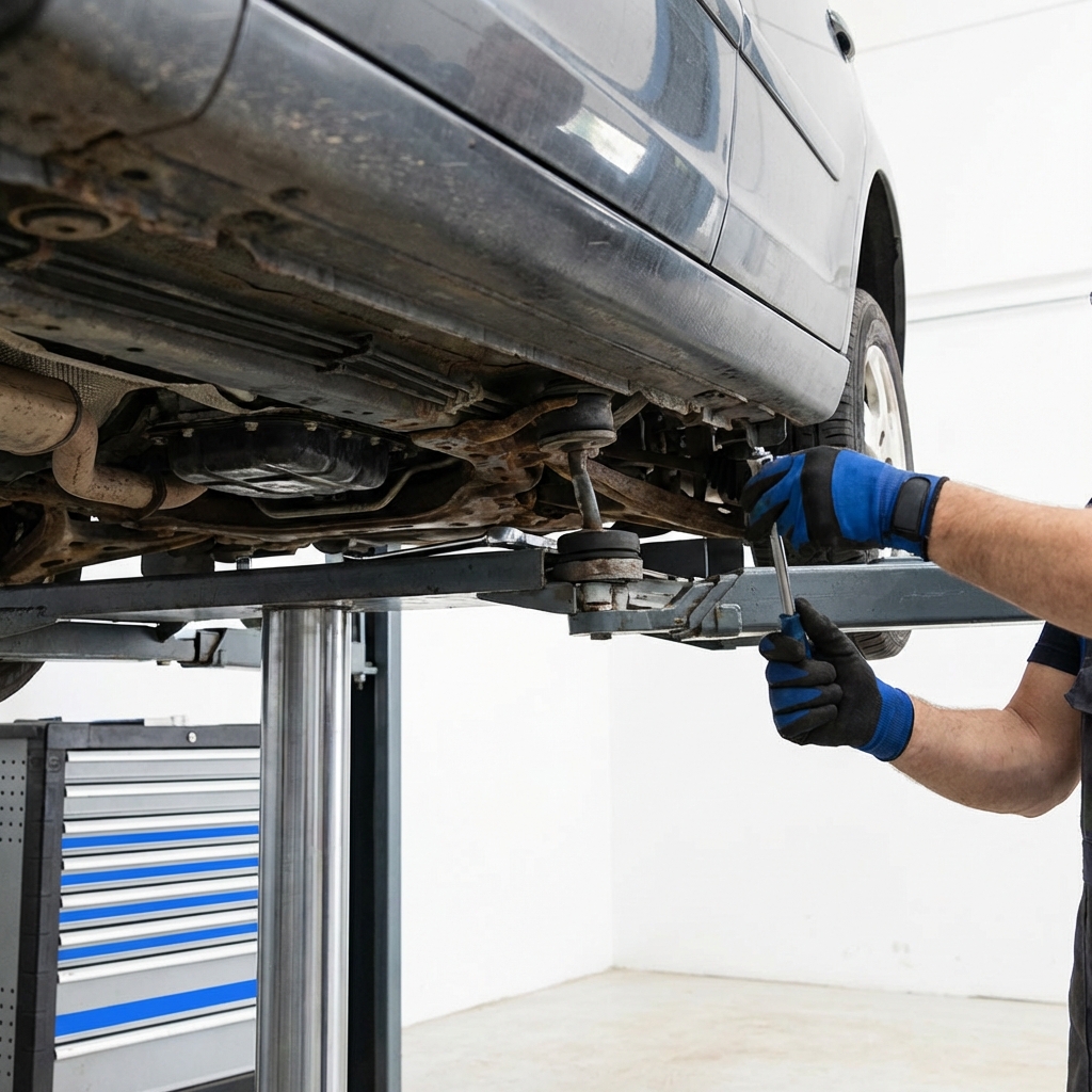 Close up of a mechanic lifting a used car to inspect the undercarriage in a clean white garage with subtle blue brand accents best month to buy a second hand car