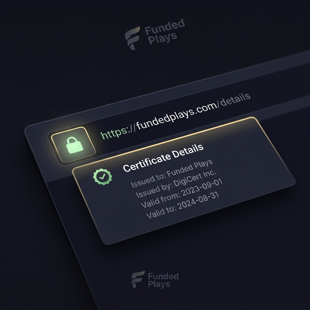 Close up of browser address bar showing lock icon and expanded TLS certificate panel on a dark Funded Plays background indicating secure connection for 1bettor sportsbook