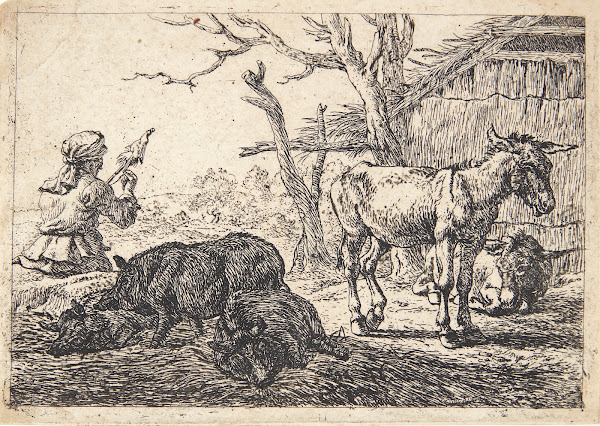 To svin og tre æsler tv en spindende kvinde 1638
