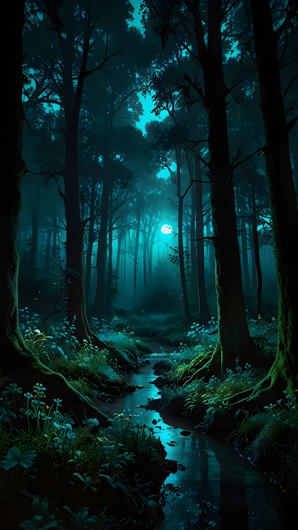 Eerie Moonlight Stream in a Mystical Teal Forest
