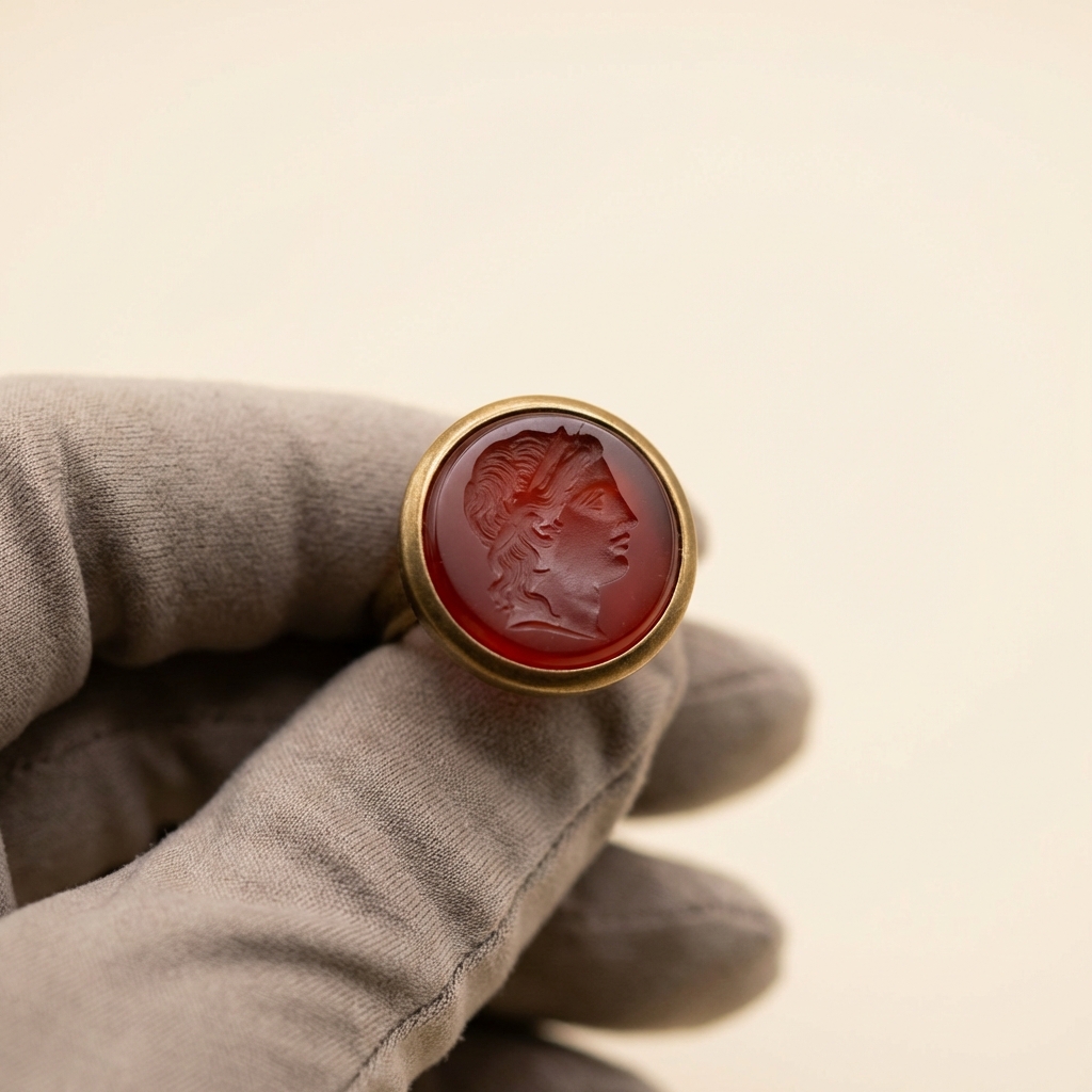 Macro photo of a carnelian roman intaglio ring held in a beige gloved hand showing carved profile and toolmarks on a warm ivory background