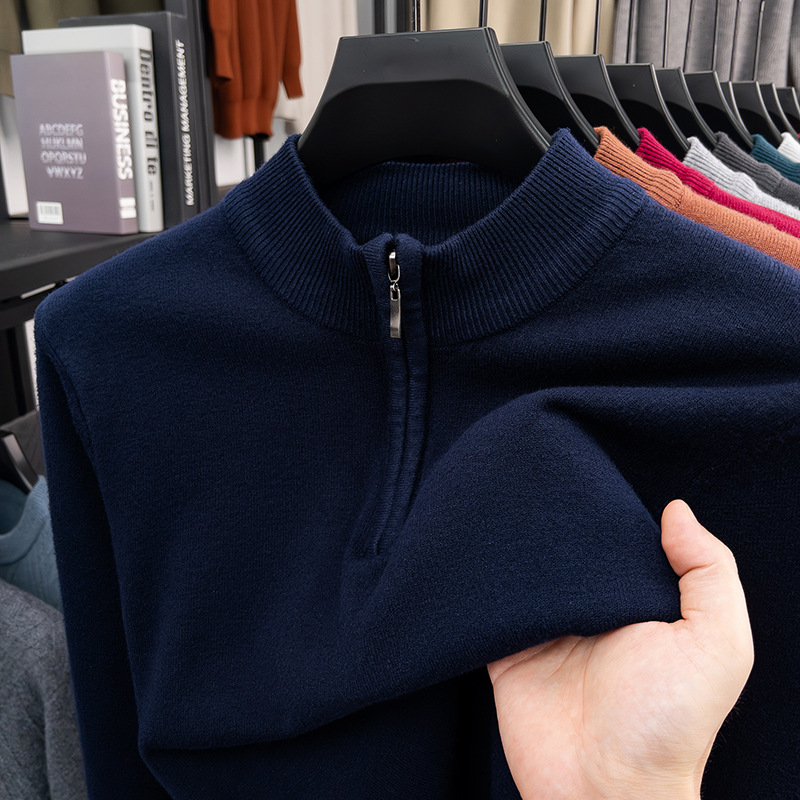 Men's Wool Pullover with Stand-Up Collar and Zipper