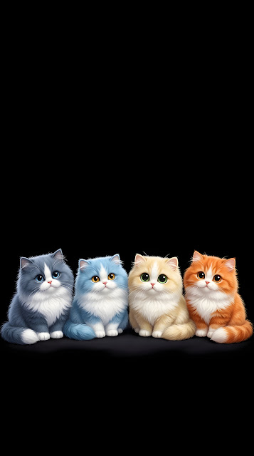 Illustration of Four Colorful Wide-Eyed Fluffy Cats in a Line - Free mobile Wallpaper