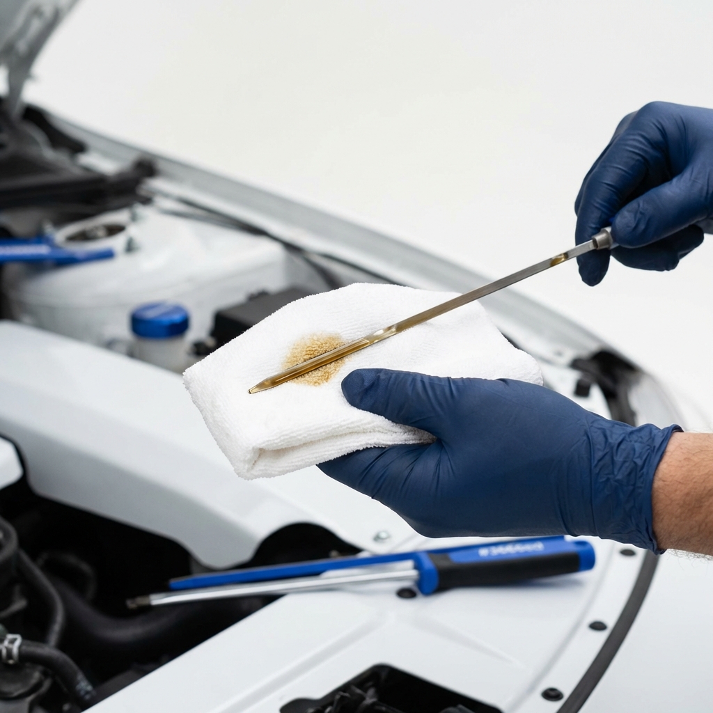 Close up of mechanic checking a dipstick and wiping oil on a cloth in an engine bay minimalist clean white background, toyota sienna for sale