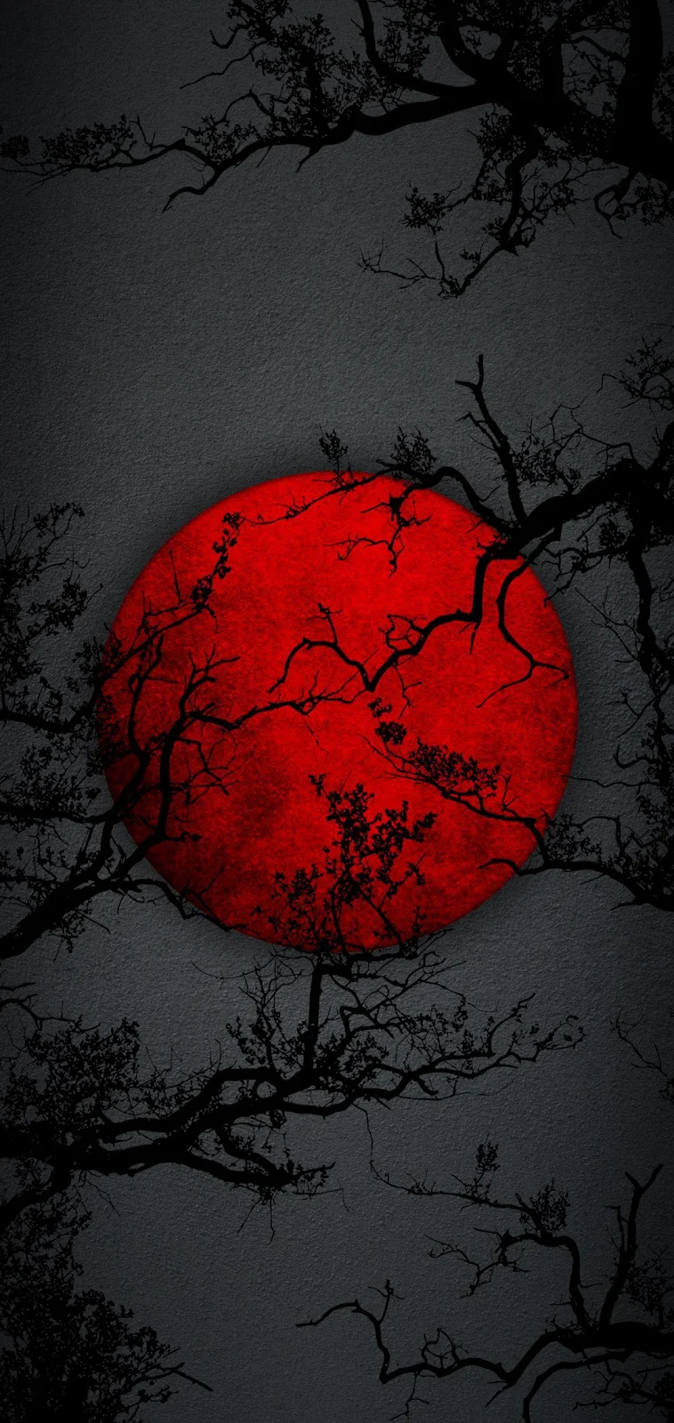 Red Moon Behind Tree Branches - Minimalist Digital Art Full HD iPhone Wallpaper (1080x2280)