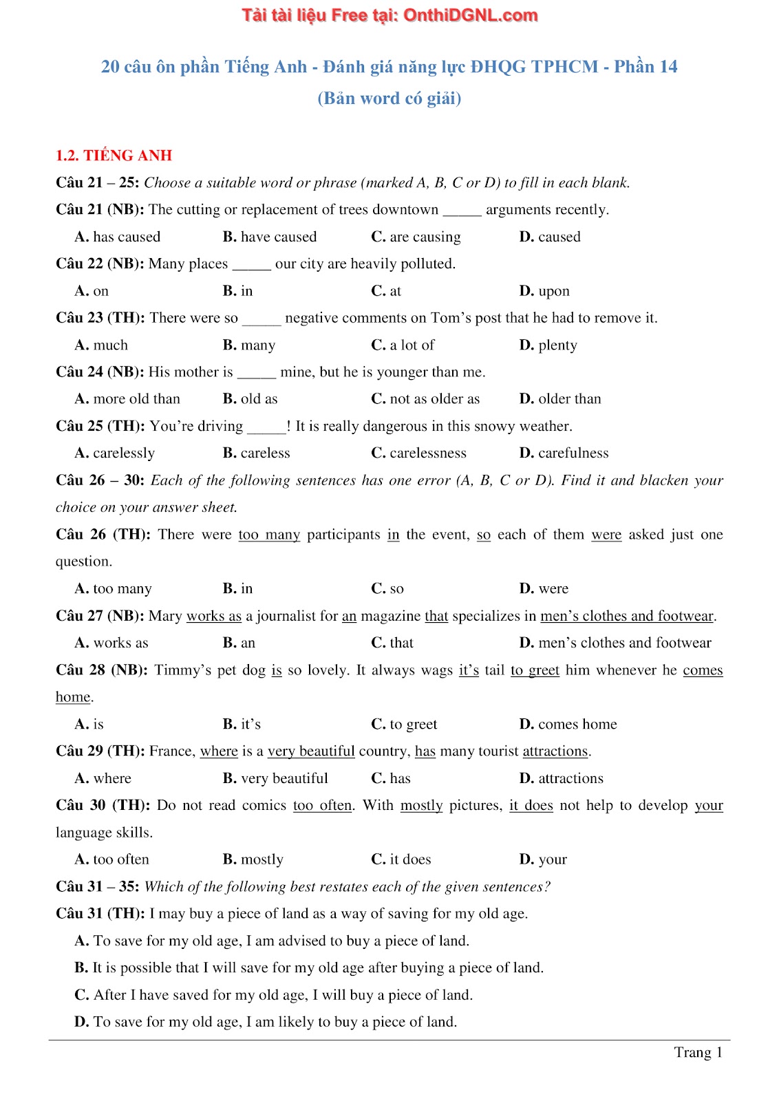 800 bài tập môn Tiếng Anh - Ôn thi ĐGNL ĐHQG TP HCM Phần 14