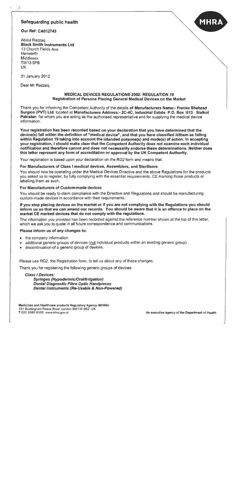 CE Marking Approval Letter for UK MHRA