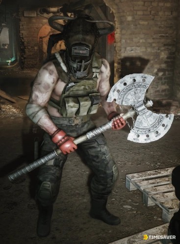 Shadow of Tagilla boss wearing a welding mask and wielding a dual-headed Labrys axe