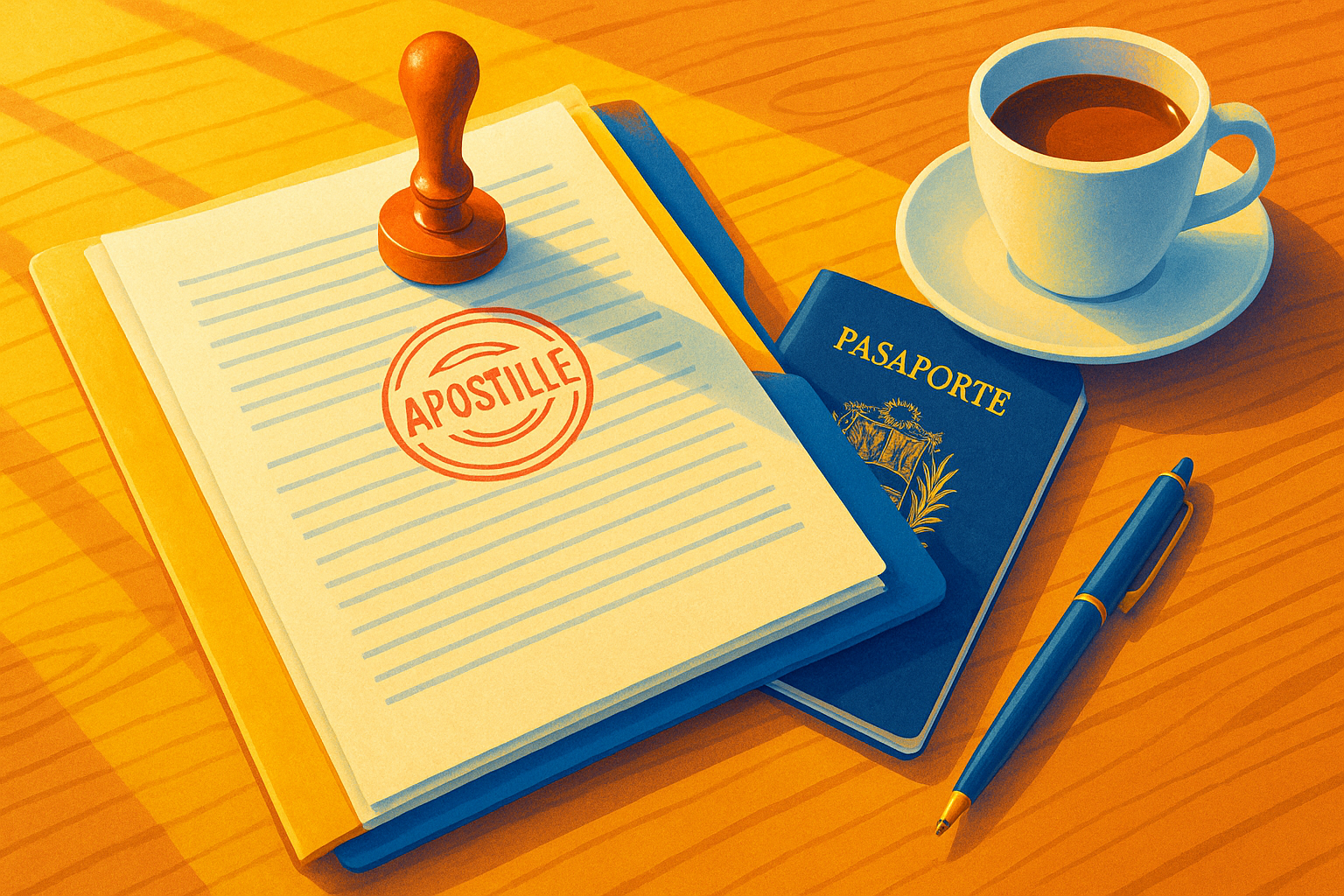 Carpeta de trámites migratorios con documentos apostillados y pasaporte venezolano