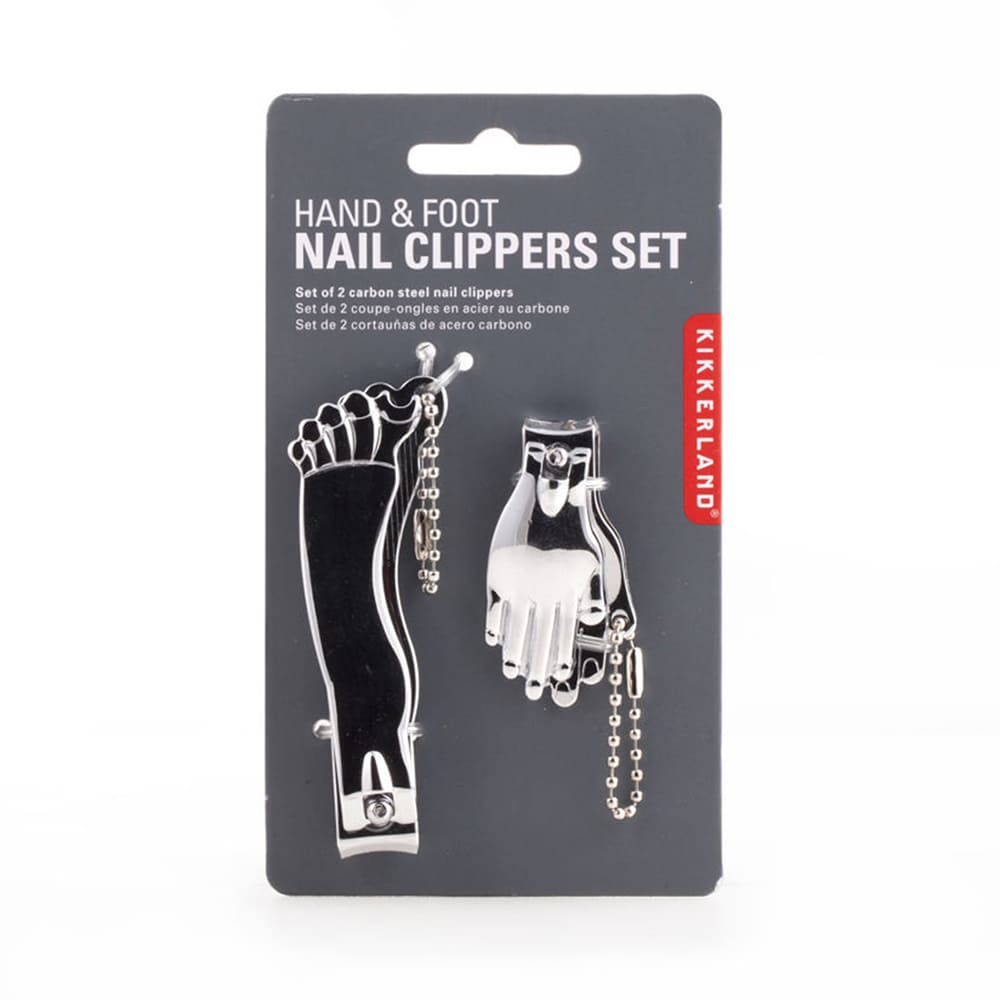 Set de cortaúñas Kikkerland™ diseño de pie y mano color plateado, 2 piezas