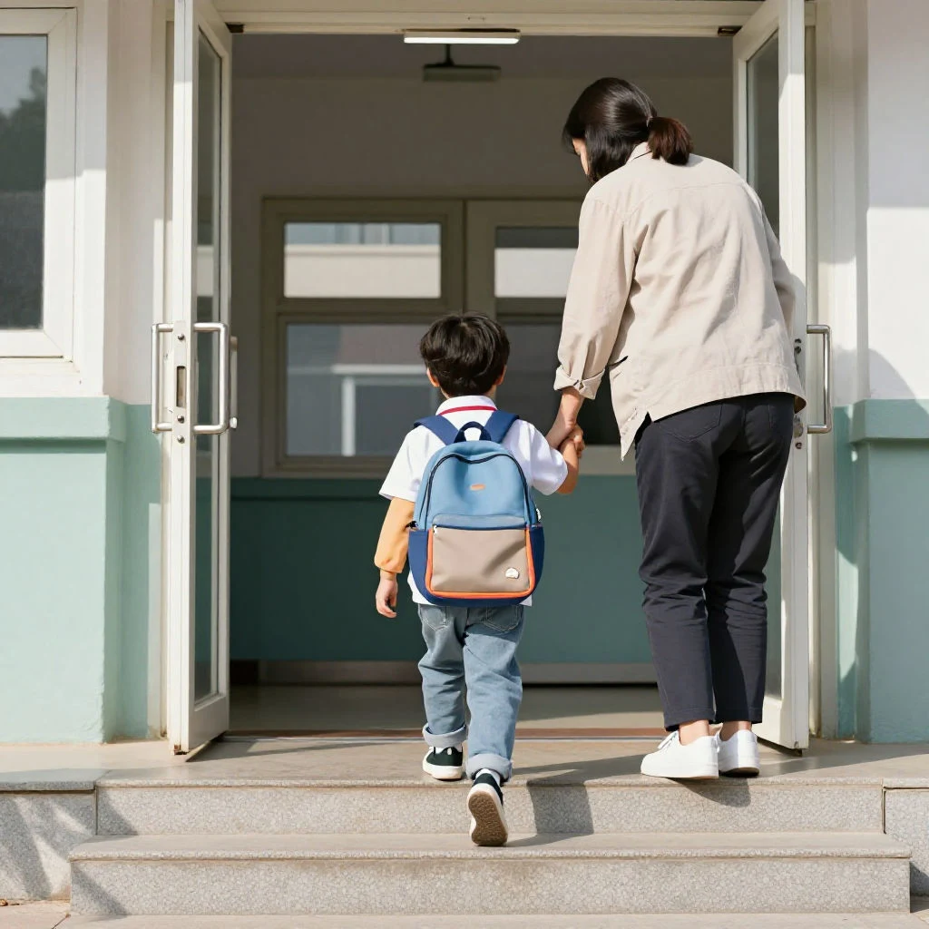 부모의 격려를 받으며 학교 문 앞에서 용기를 내는 아이