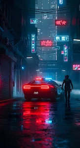 Cyberpunk City Alley Police Car Neon Noir Rainy Scene