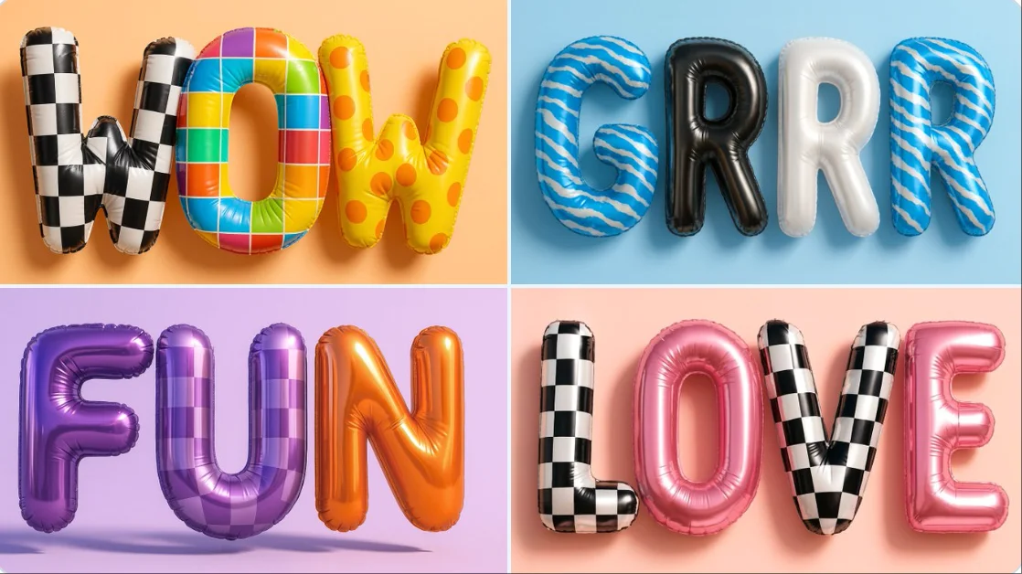 Crea una representación 3D hiperrealista de letras de globos que formen la palabra [WOW].