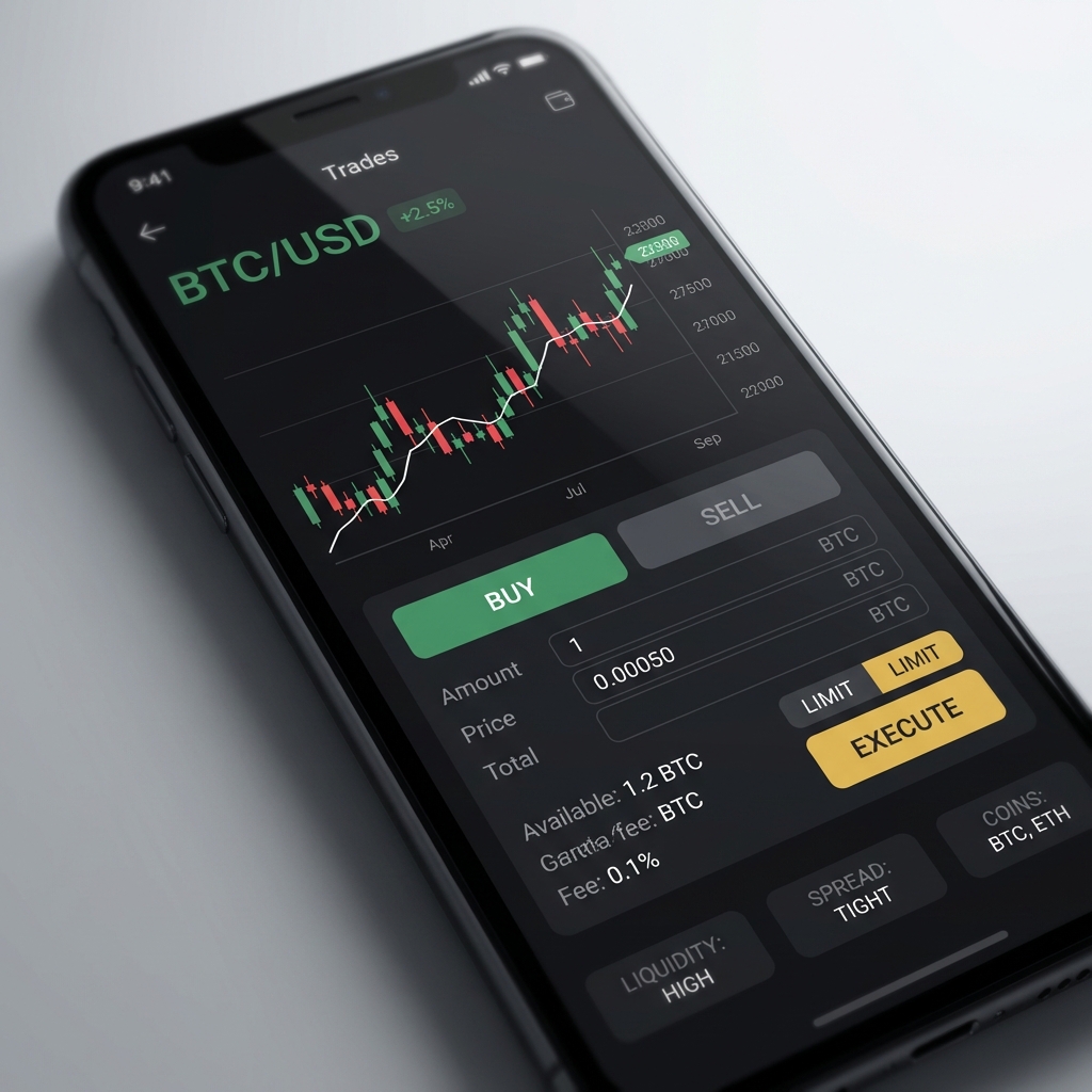 Close up of smartphone displaying the best crypto trading app trade screen with subtle labels for liquidity spreads and supported coins in Finance Police brand colors