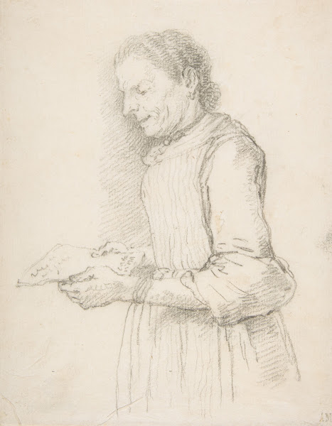 Woman in Half Length Profile View Facing Left and Reading a Piece of Paper Signe