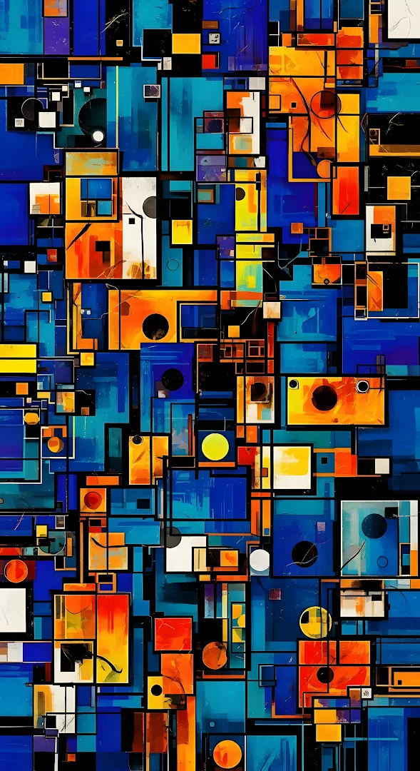 Vibrant Geometric Cubism Grid in Blue and Orange Tones