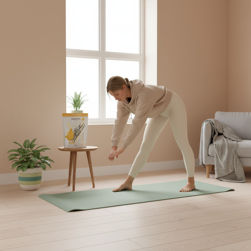 Person dehnt sich auf Yogamatte im hellen Wohnzimmer mit winterlichem Tageslicht, skandinavischer Minimalstil mit Pflanzen und Holz, Antriebslosigkeit im Winter überwinden.