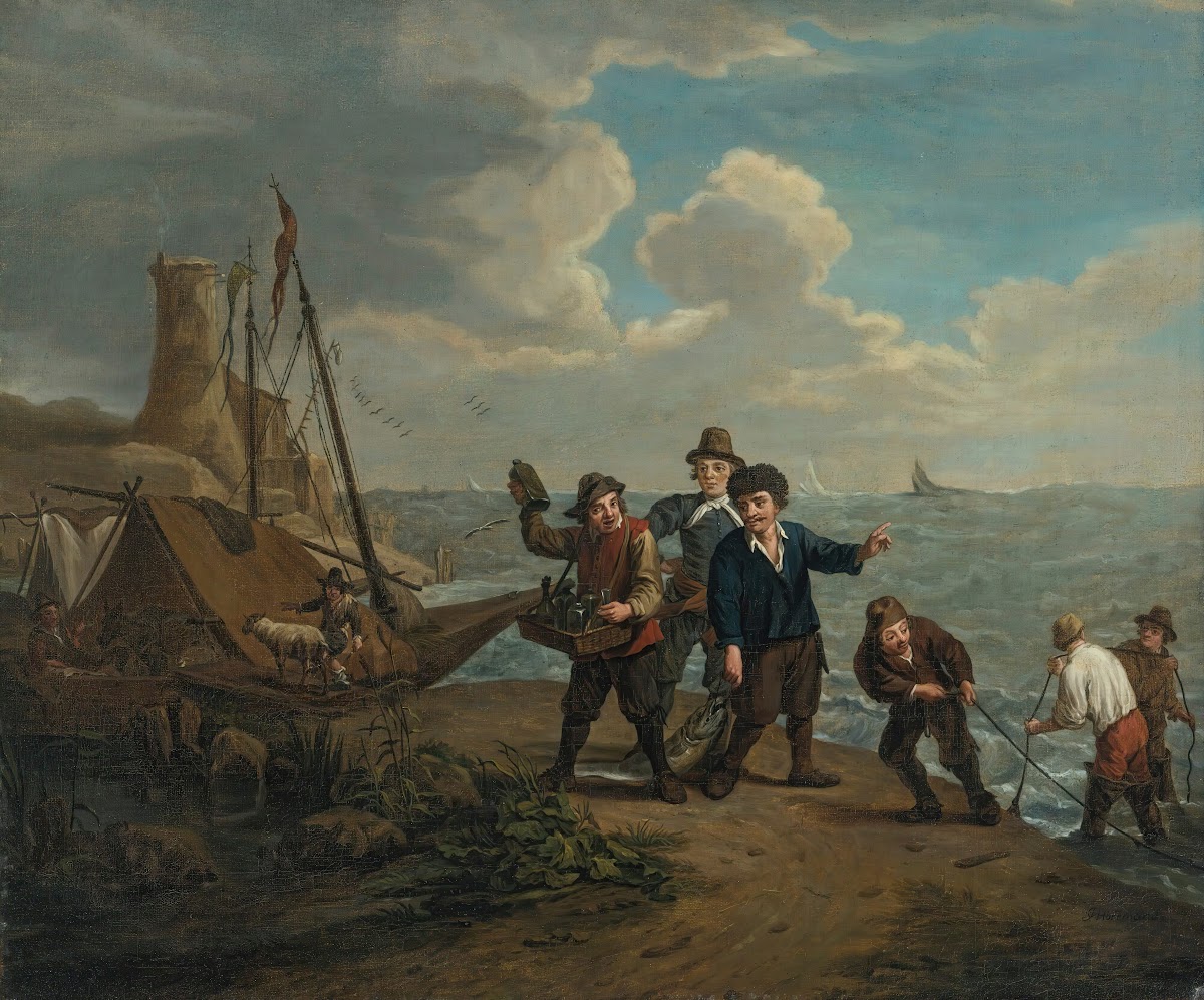 A peddler hawking spirits tofishermen along a windy shoreline