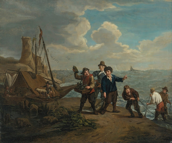 A peddler hawking spirits tofishermen along a windy shoreline