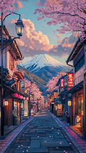 Anime Japanese Street Sakura Mount Fuji Sunset Scenery