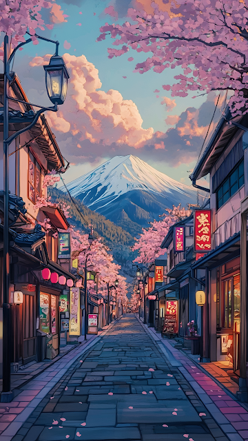 Anime Japanese Street Sakura Mount Fuji Sunset Scenery