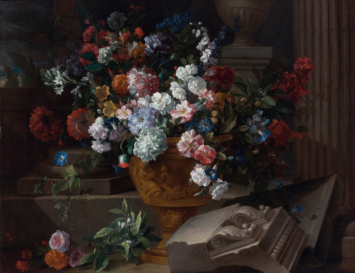 Still Life With Flowers In A Sculpted Urn With Architectural Fragments On A Terr