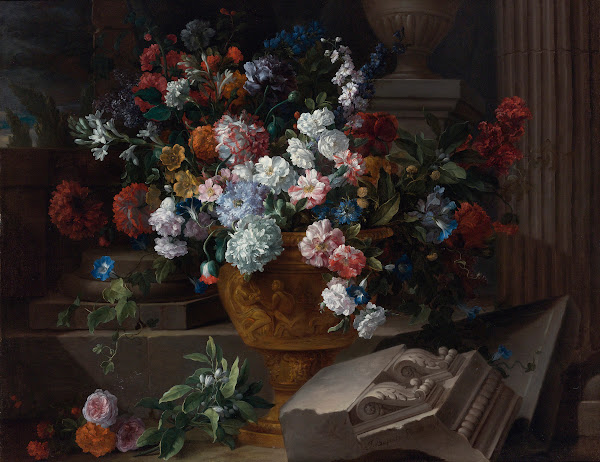 Still Life With Flowers In A Sculpted Urn With Architectural Fragments On A Terr