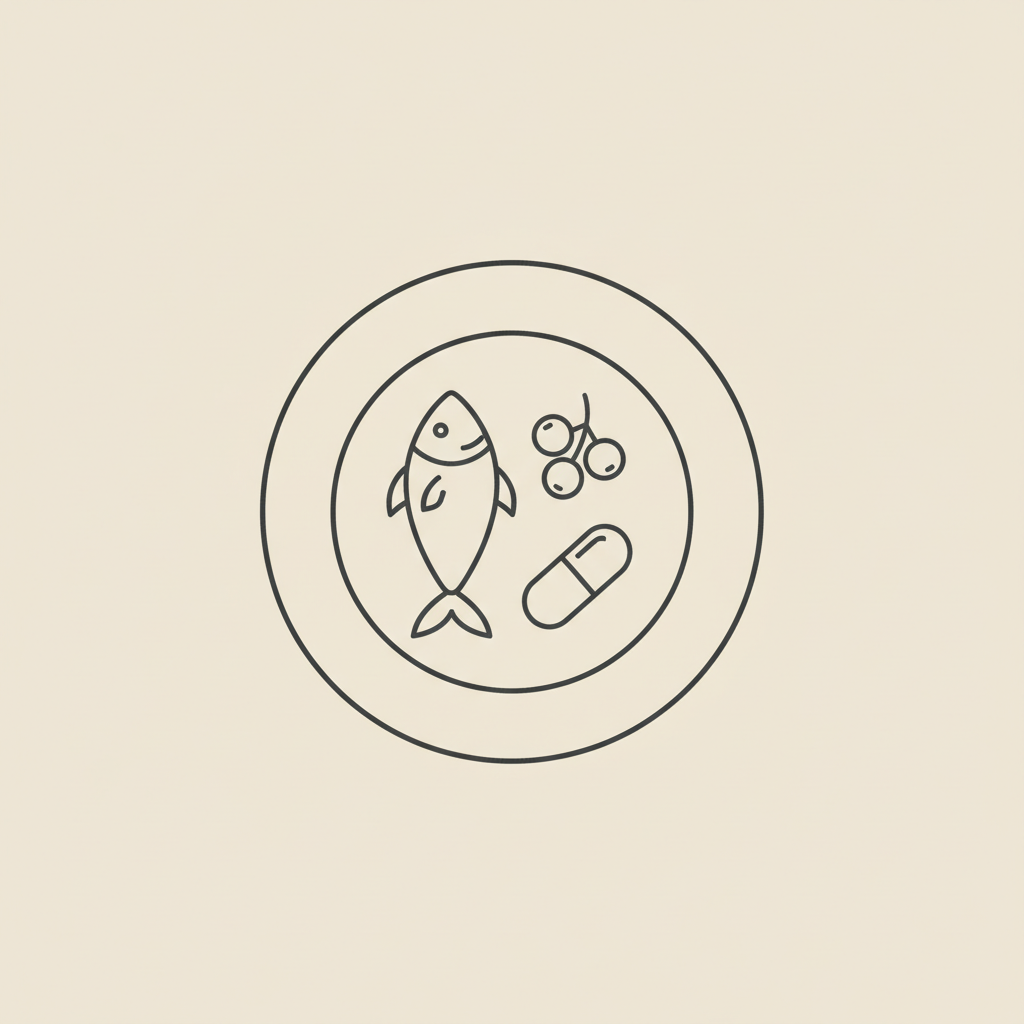 Minimalist 2D vector line illustration of a plate with a fish, berries, and a capsule representing best protein for fat loss on a beige #F2E5D5 background.