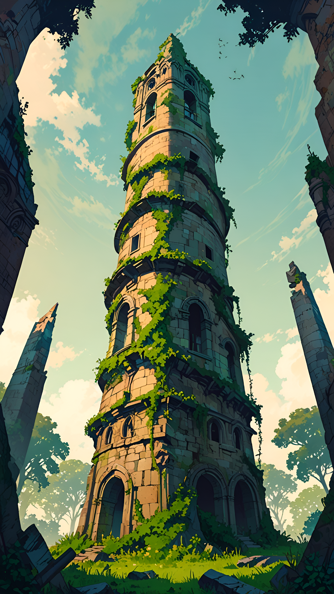 Ivy Covered Ancient Stone Tower Ruins Fantasy Art - Free 4K mobile Wallpaper