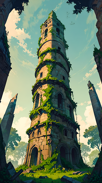 Ivy Covered Ancient Stone Tower Ruins Fantasy Art - Free mobile Wallpaper