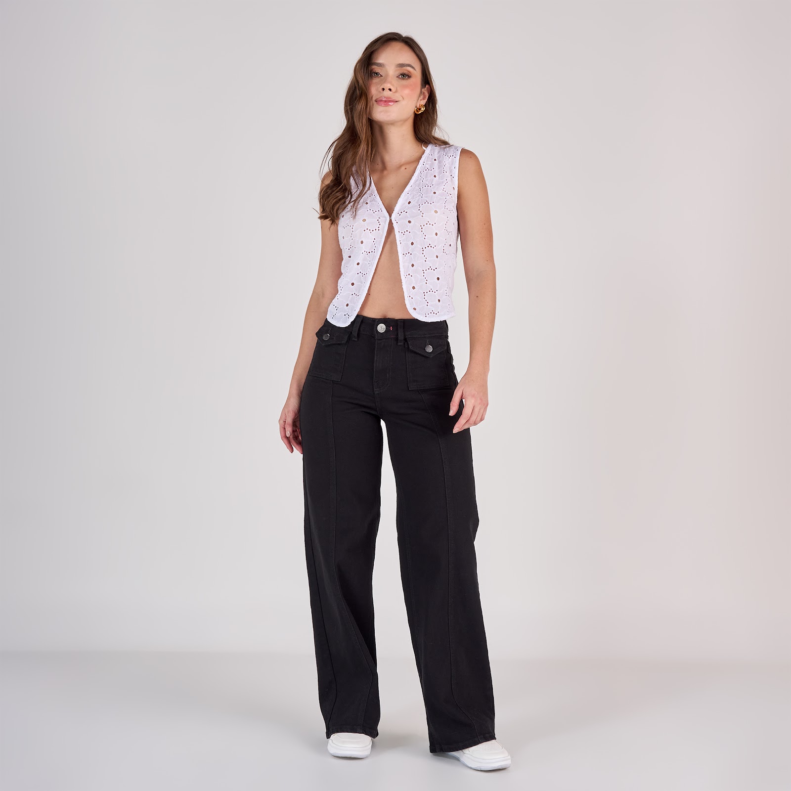 Jean dama wide leg tiro medio licrado, color Negro