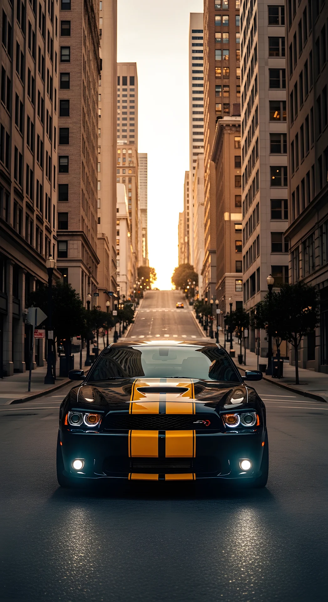 Front View of Black and Yellow Striped Muscle Car on City Street at Sunset - Free 4K mobile Wallpaper