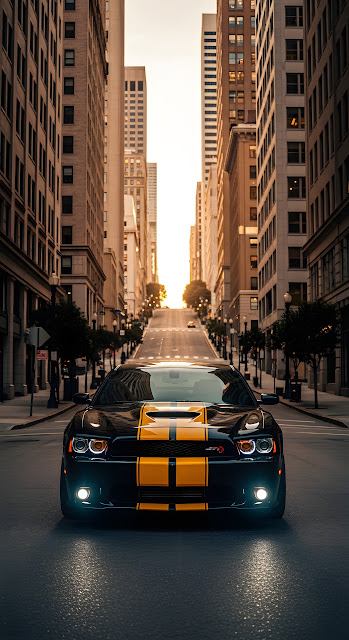 Front View of Black and Yellow Striped Muscle Car on City Street at Sunset - Free mobile Wallpaper