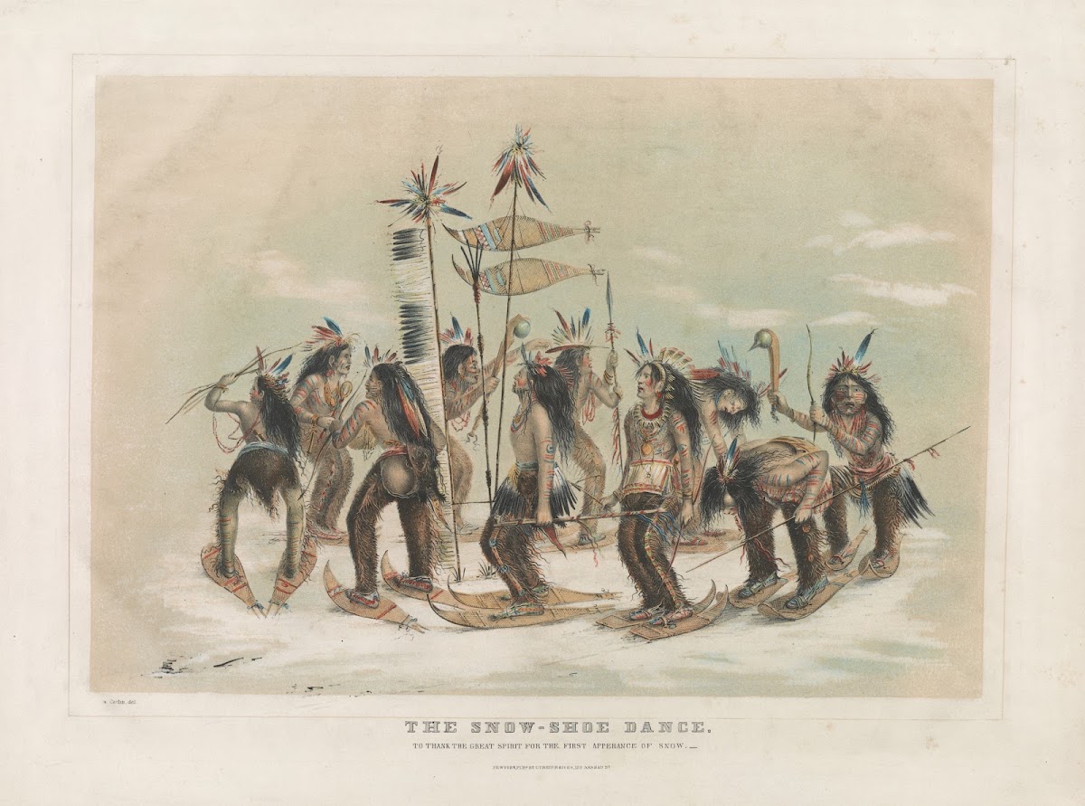 The snow shoe dance to thank the great spirit for the first appearance of snow