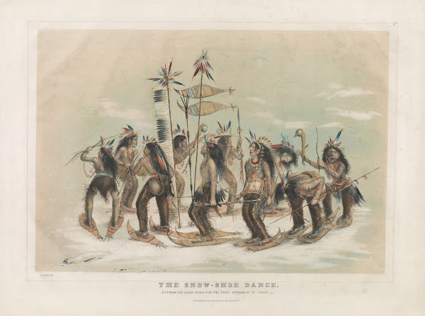 The snow shoe dance to thank the great spirit for the first appearance of snow