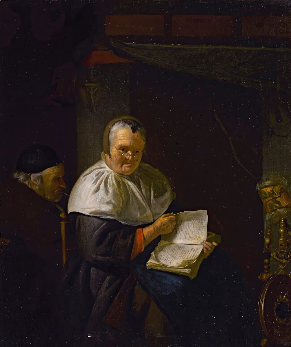 Interior with a woman readingby a spinning wheel and a man smoking 1657