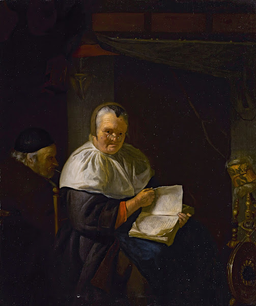 Interior with a woman readingby a spinning wheel and a man smoking 1657