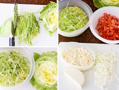 Bắp cải rửa sạch, cắt sợi nhỏ. Cà chua và hành tây cắt hạt lựu. Phô mai cắt nhuyễn.