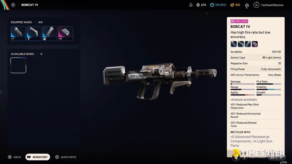 ARC Raiders Bobcat IV in-game weapon panel showing Light Ammo, 35-round magazine, fully-automatic fire mode, Very Weak ARC armor penetration and the Tier IV upgrade modifiers