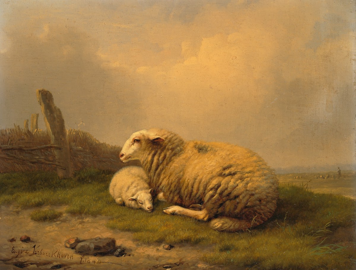 A resting sheep and a lamb 1840