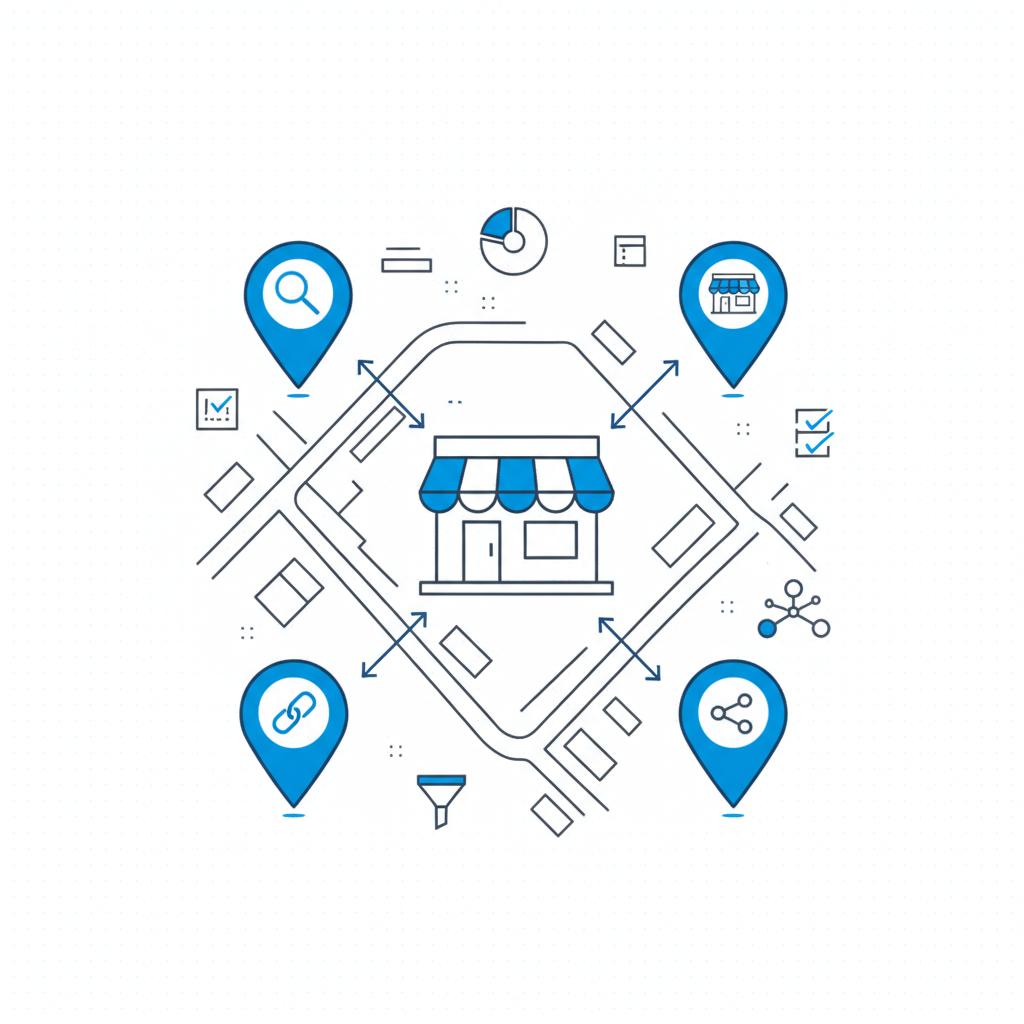 Minimal vector notebook-style local map with four blue pins for search, showroom, referral and social, connected by arrows to a central shop &mdash; leads for flooring