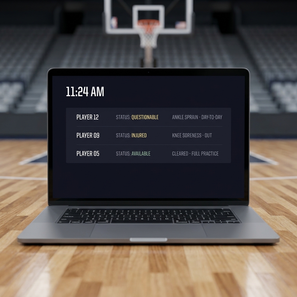 Close up of a time stamped digital injury report on a laptop with a blurred basketball court background illustrating Why NBA Injury Reports Move So Quickly in a Funded Plays inspired minimalist palette