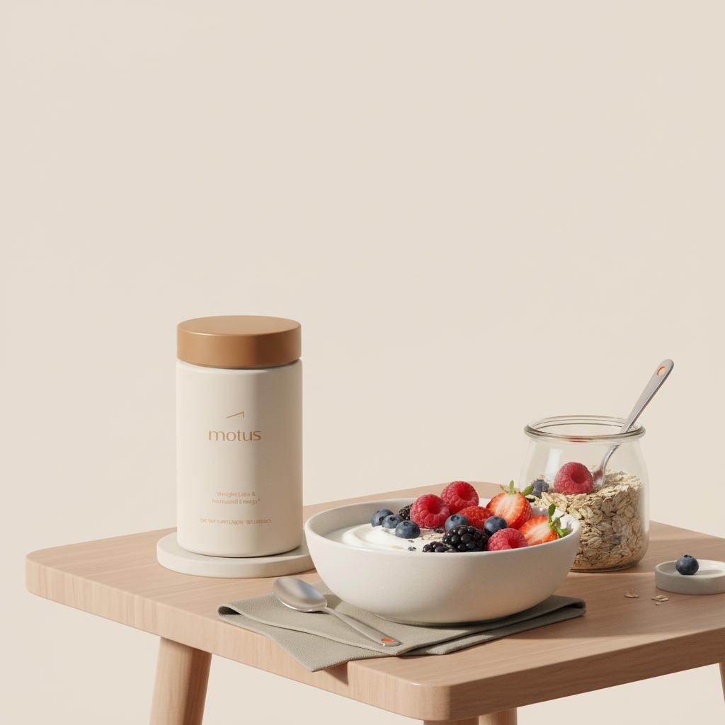 Minimal morning scene with Tonum Motus container beside Greek yogurt, berries and oats on a wooden table to improve glucose metabolism.