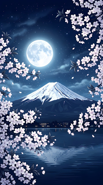 Mount Fuji and Cherry Blossoms at Night with Full Moon - Free mobile Wallpaper