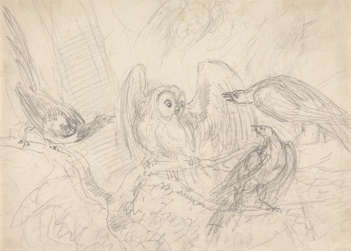 Three Pheasants Surrounding an Owl