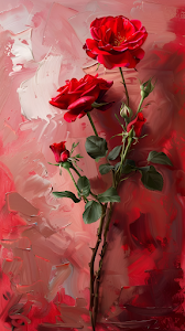 Vibrant Red Roses Painting on Abstract Impasto Canvas