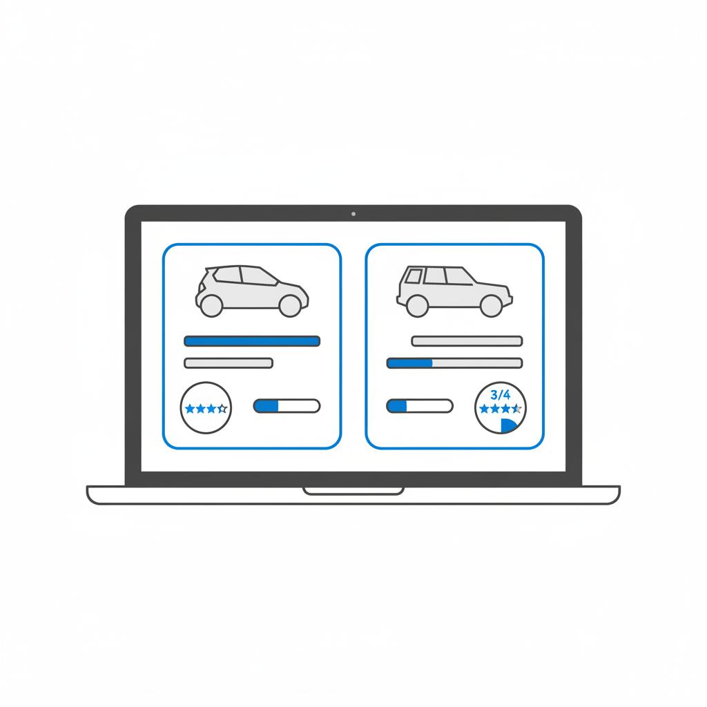 Minimalist 2D vector of a laptop comparing two car listings side by side with price analysis bars and dealer rating badges nissan car showroom near me