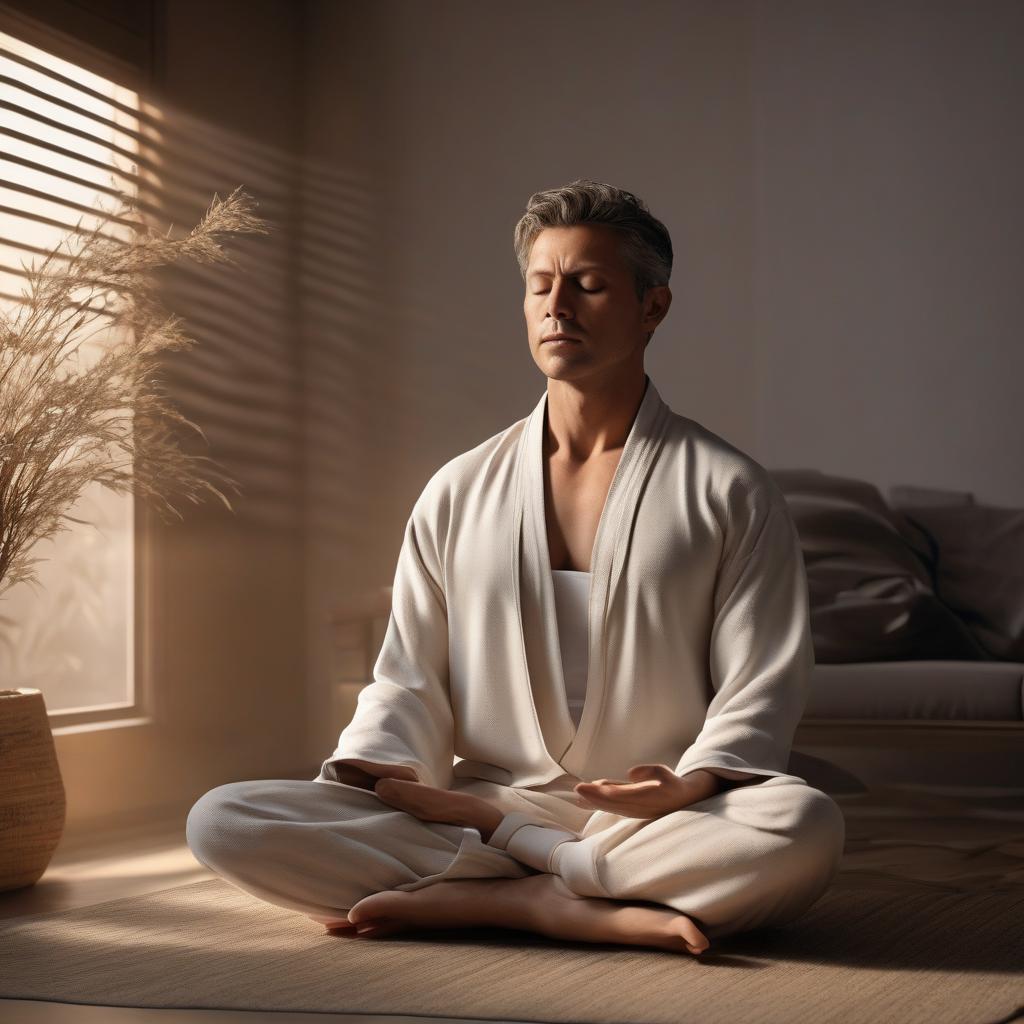 A person sitting in a comfortable position, eyes closed, meditating peacefully in a dimly lit room with soft ambient light