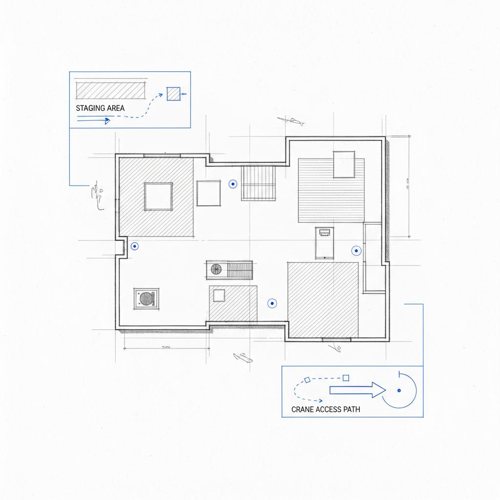 Top-down sketch of a commercial roof plan on a notepad showing staging areas, waste chutes and crane access &mdash; How to get commercial deals as a roofer?